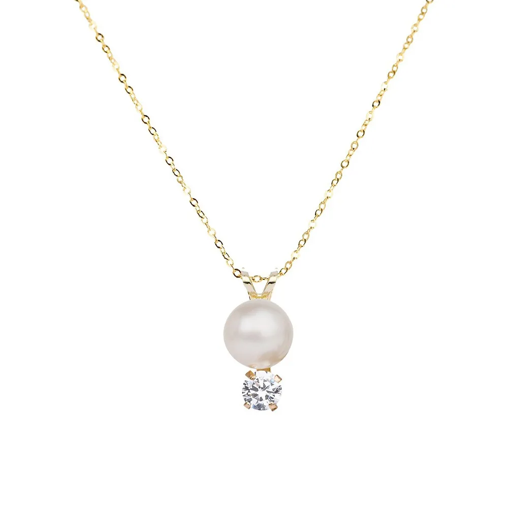 10K Yellow Gold, Cubic Zirconia & 4MM-5MM Round Freshwater Pearl Pendant Necklace & Stud Earring Set