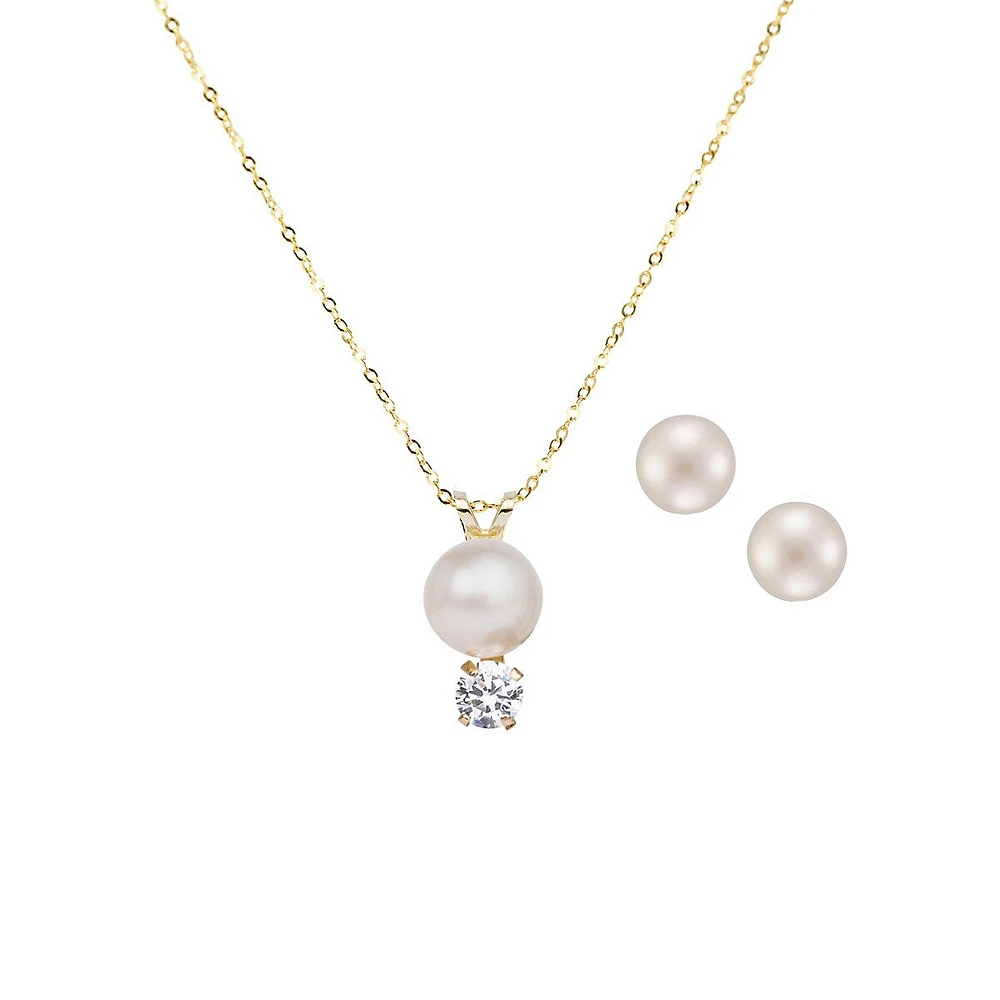 10K Yellow Gold, Cubic Zirconia & 4MM-5MM Round Freshwater Pearl Pendant Necklace & Stud Earring Set