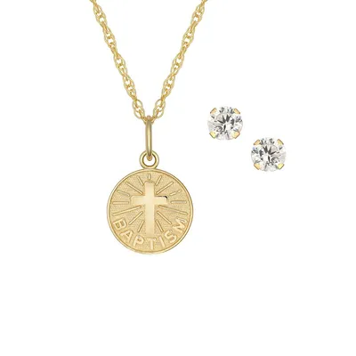 Breloque en croix en or jaune 10 ct plaqué rhodium Ensemble collier à pendentif et boutons d'oreilles en cristaux