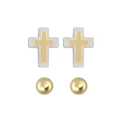 Boutons d'oreilles boule et croix en or jaune 10 ct avec opale, ensemble de deux paires
