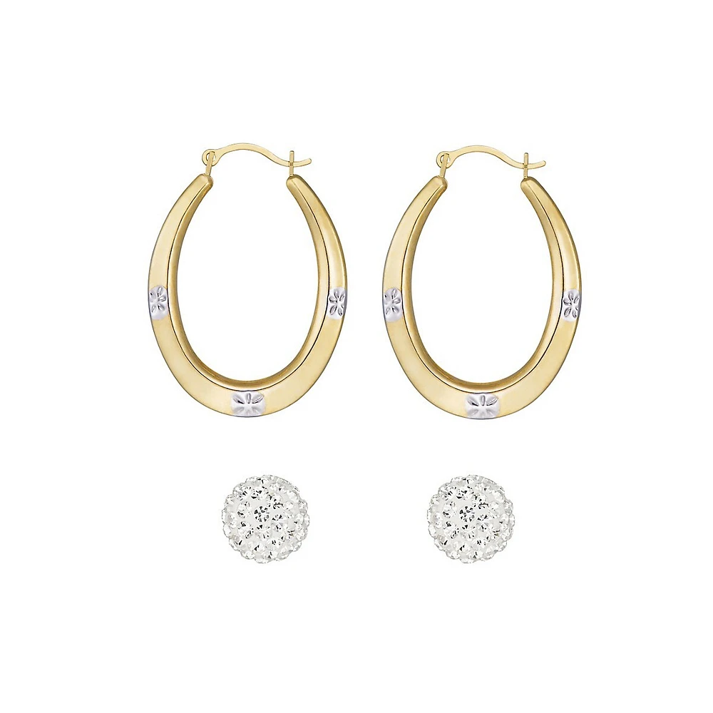 2-Piece 10K Yellow Gold Cubic Zirconia Ball & Flat Oval Hoop Earrings Set