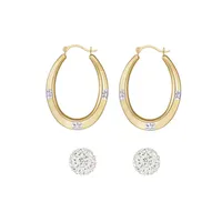 2-Piece 10K Yellow Gold Cubic Zirconia Ball & Flat Oval Hoop Earrings Set