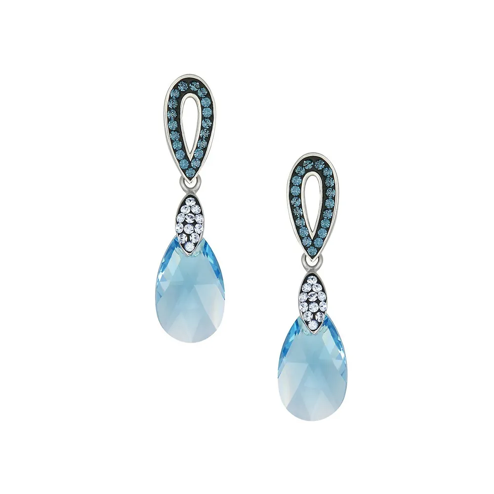 Rhodium-Plated Sterling Silver, Blue Topaz & Crystal Drop Earrings Set