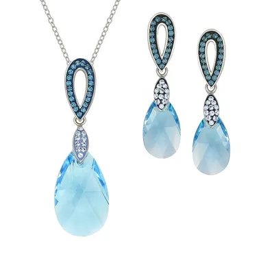 Rhodium-Plated Sterling Silver, Blue Topaz & Crystal Drop Earrings Set