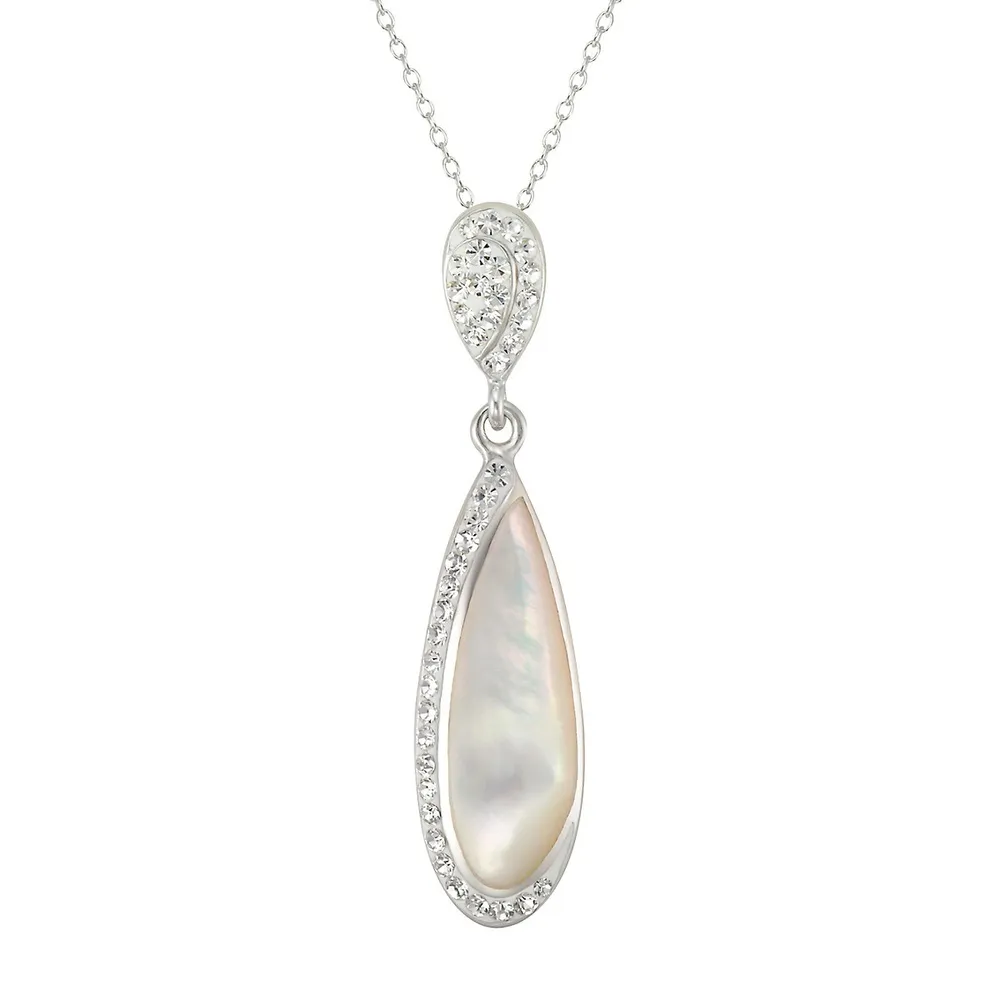 Rhodium-Plated Sterling Silver, Mother-Of-Pearl & Cubic Zirconia Drop Earrings & Pendant Necklace Set