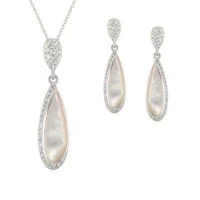 Rhodium-Plated Sterling Silver, Mother-Of-Pearl & Cubic Zirconia Drop Earrings & Pendant Necklace Set