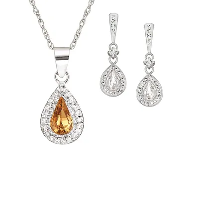 Ensemble 2 pièces, pendants d'oreilles et collier à pendentif en argent sterling, topaze dorée et cristal.