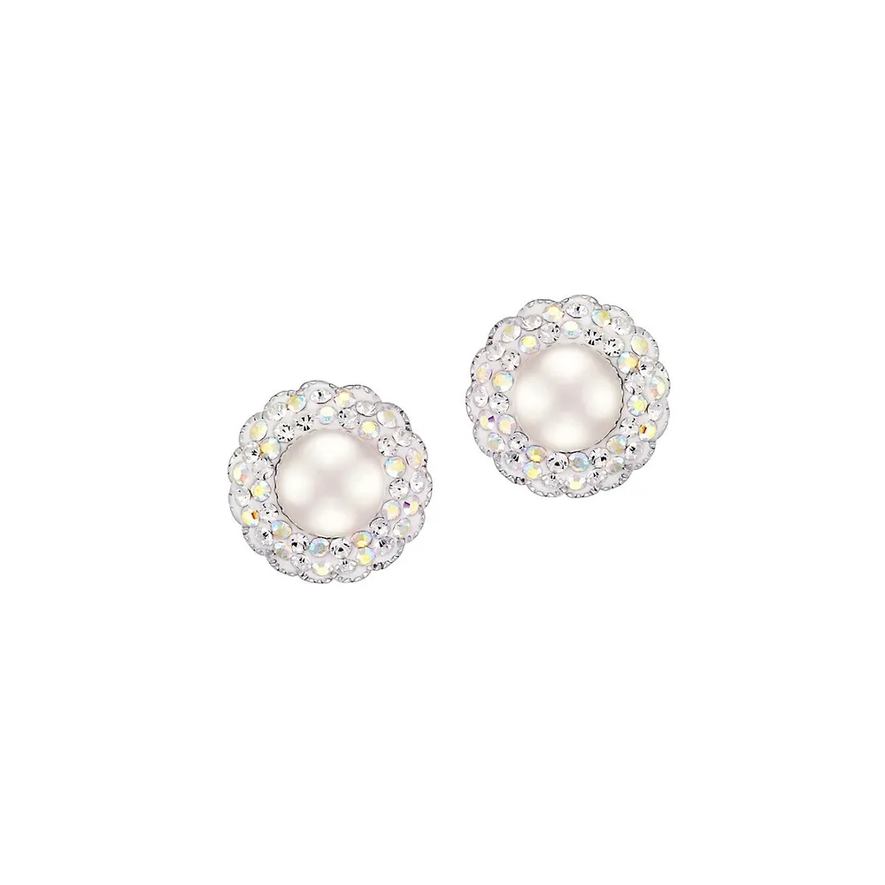 2-Piece Sterling Silver, 6MM Freshwater pearl & Cubic Zirconia Hoop & Stud Earrings