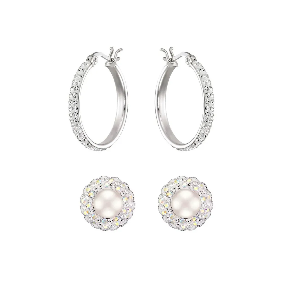 2-Piece Sterling Silver, 6MM Freshwater pearl & Cubic Zirconia Hoop & Stud Earrings