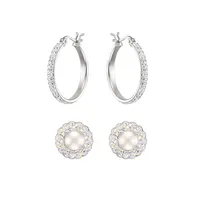 2-Piece Sterling Silver, 6MM Freshwater pearl & Cubic Zirconia Hoop & Stud Earrings