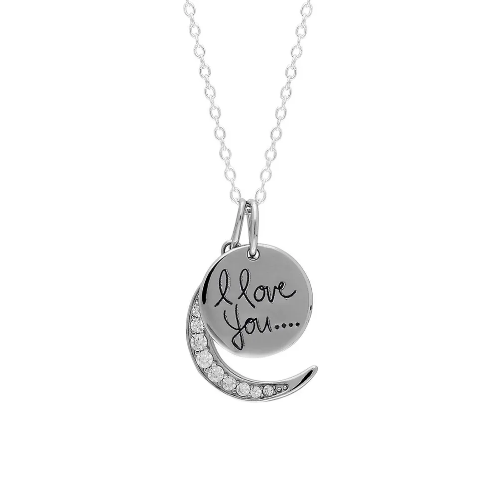 Sterling Silver & Cubic Zirconia I Love You Moon Pendant Necklace