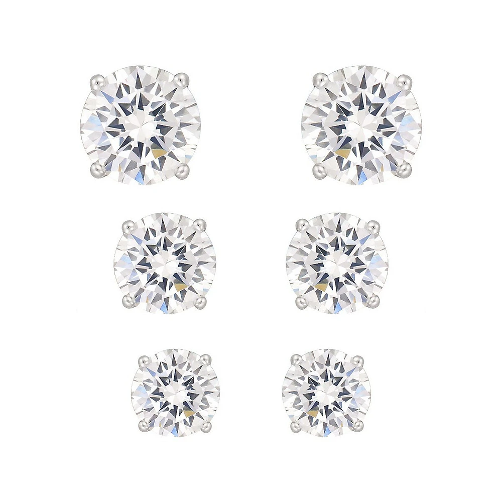 3-Pair Sterling Silver & Cubic Zirconia Stud Earrings Set