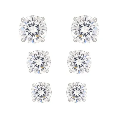 3-Pair Sterling Silver & Cubic Zirconia Stud Earrings Set