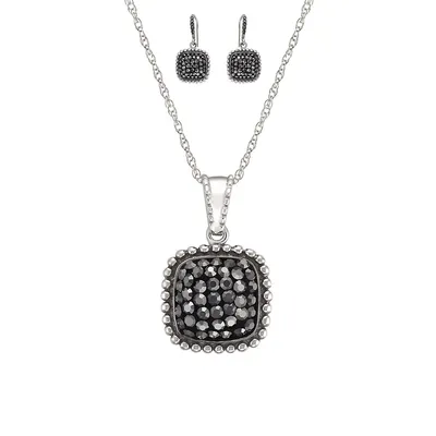 Ensemble collier à pendentif et pendants d'oreilles en argent sterling avec cristaux de marcassite et d'hématite