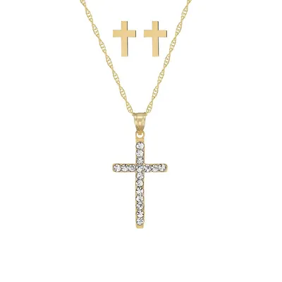 10K Yellow Gold & Cubic Zirconia Cross Necklace & Earrings Set