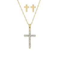 10K Yellow Gold & Cubic Zirconia Cross Necklace & Earrings Set