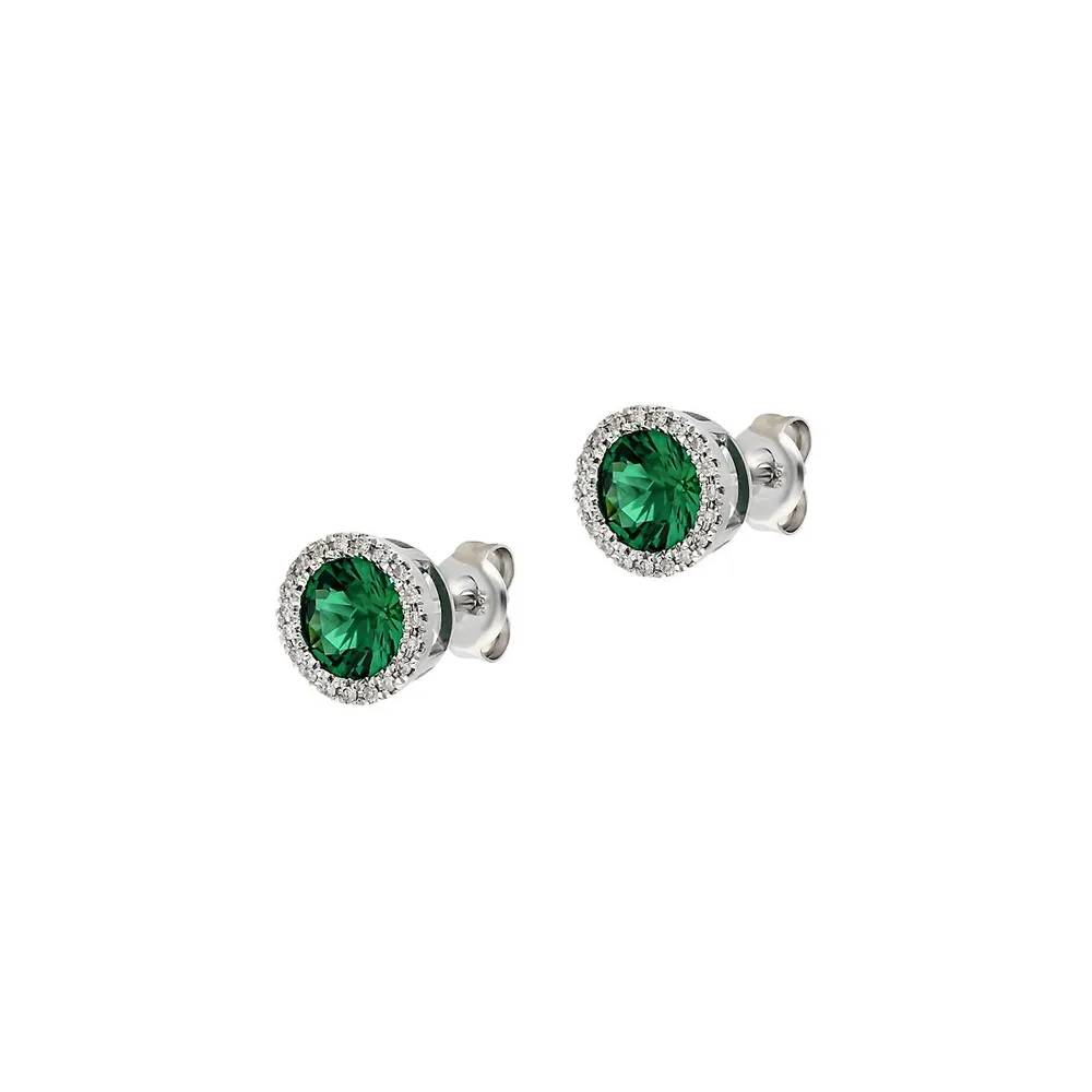 10K White Gold, Synthetic Emerald and 0.15 CT T.W. Diamond Halo Stud Earrings