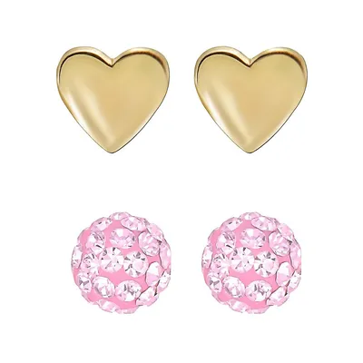 Ensemble de boutons d'oreilles en or jaune 10 ct en forme de cœur et de sphères roses, deux paires