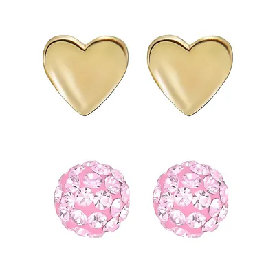 2-Pair 10K Yellow Gold Heart & Pink Fireball Stud Earrings Set