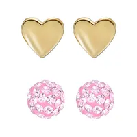 2-Pair 10K Yellow Gold Heart & Pink Fireball Stud Earrings Set