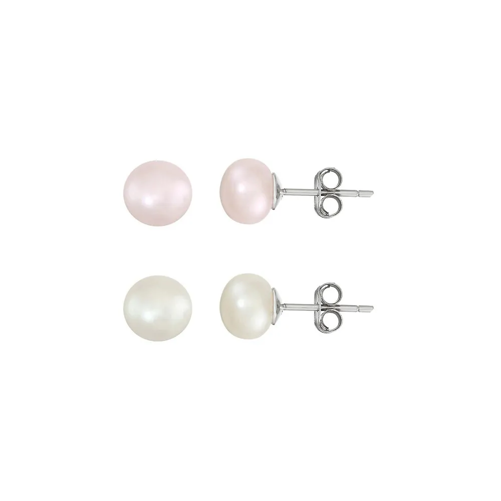 2-Pair Sterling Silver & Pearl Stud Earrings Set