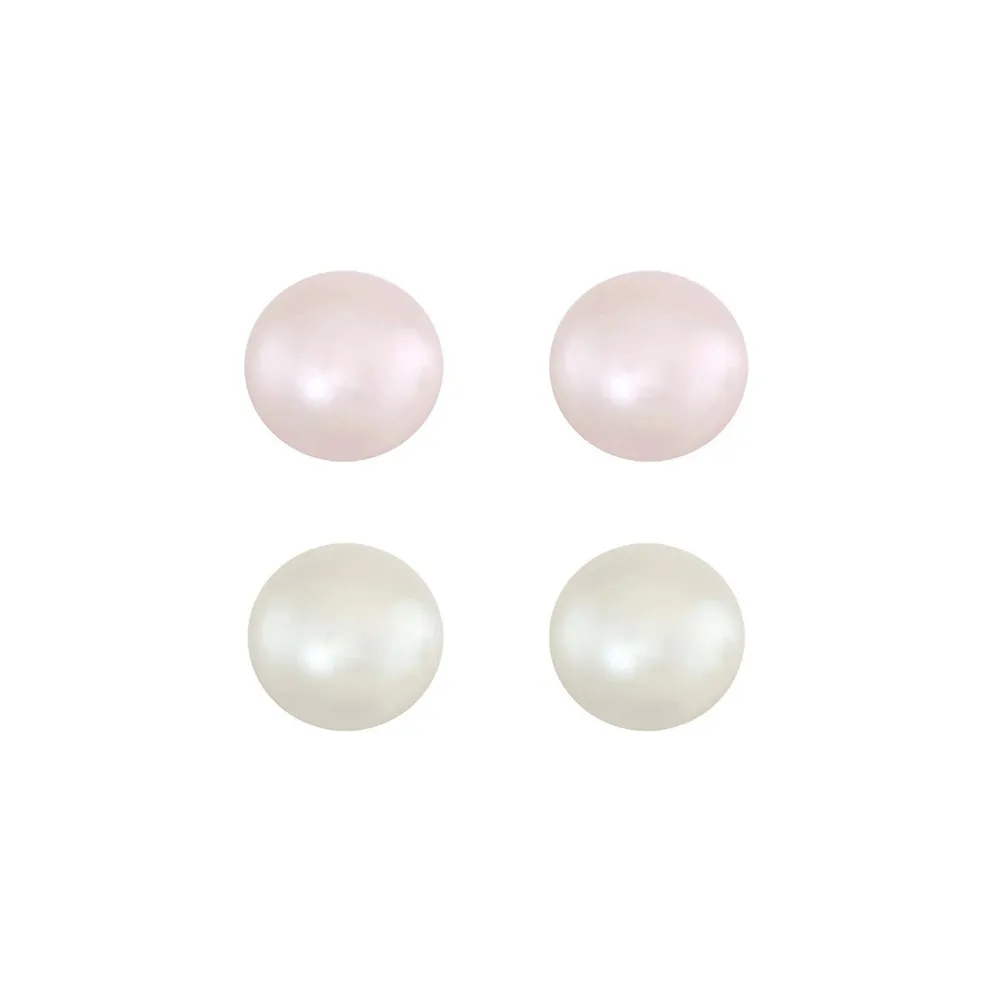 2-Pair Sterling Silver & Pearl Stud Earrings Set