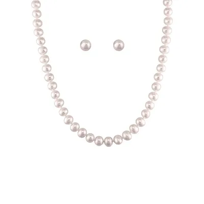 Ensemble collier et boutons d'oreilles en argent sterling avec perles d'eau douce roses de 5 mm, trois pièces