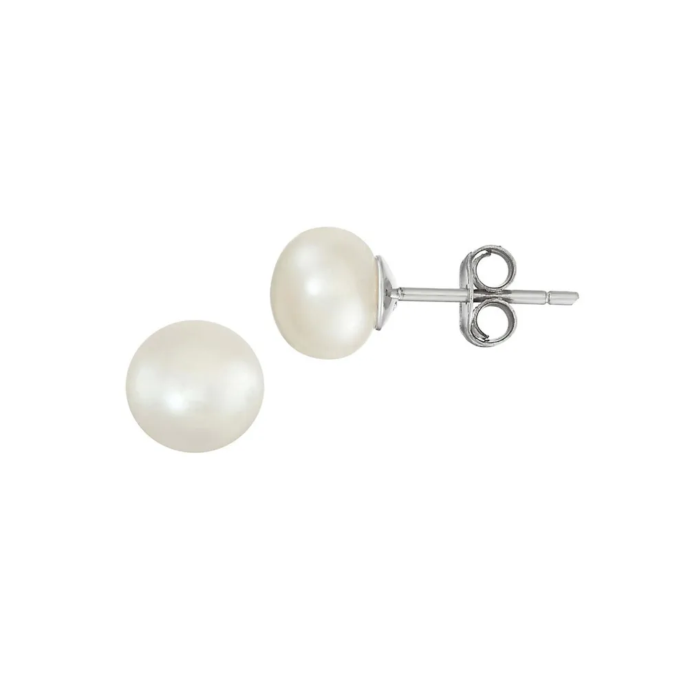 2-Pair Sterling Silver, 5MM White Freshwater Pearl & Cubic Zirconia Stud Earrings Set