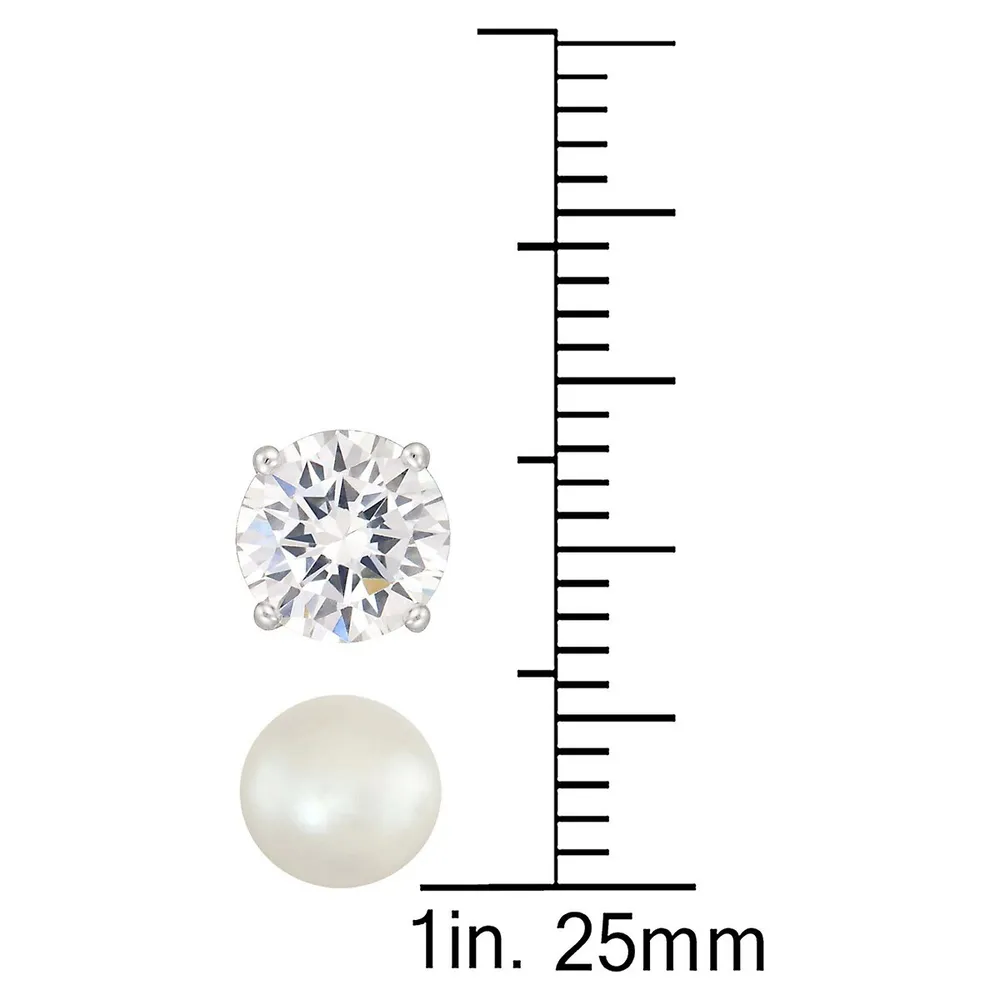 Ensemble boutons d'oreilles en argent sterling ornés de perles d'eau douce blanches de 5 mm et de zircons cubiques