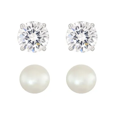 2-Pair Sterling Silver, 5MM White Freshwater Pearl & Cubic Zirconia Stud Earrings Set
