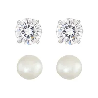 2-Pair Sterling Silver, 5MM White Freshwater Pearl & Cubic Zirconia Stud Earrings Set