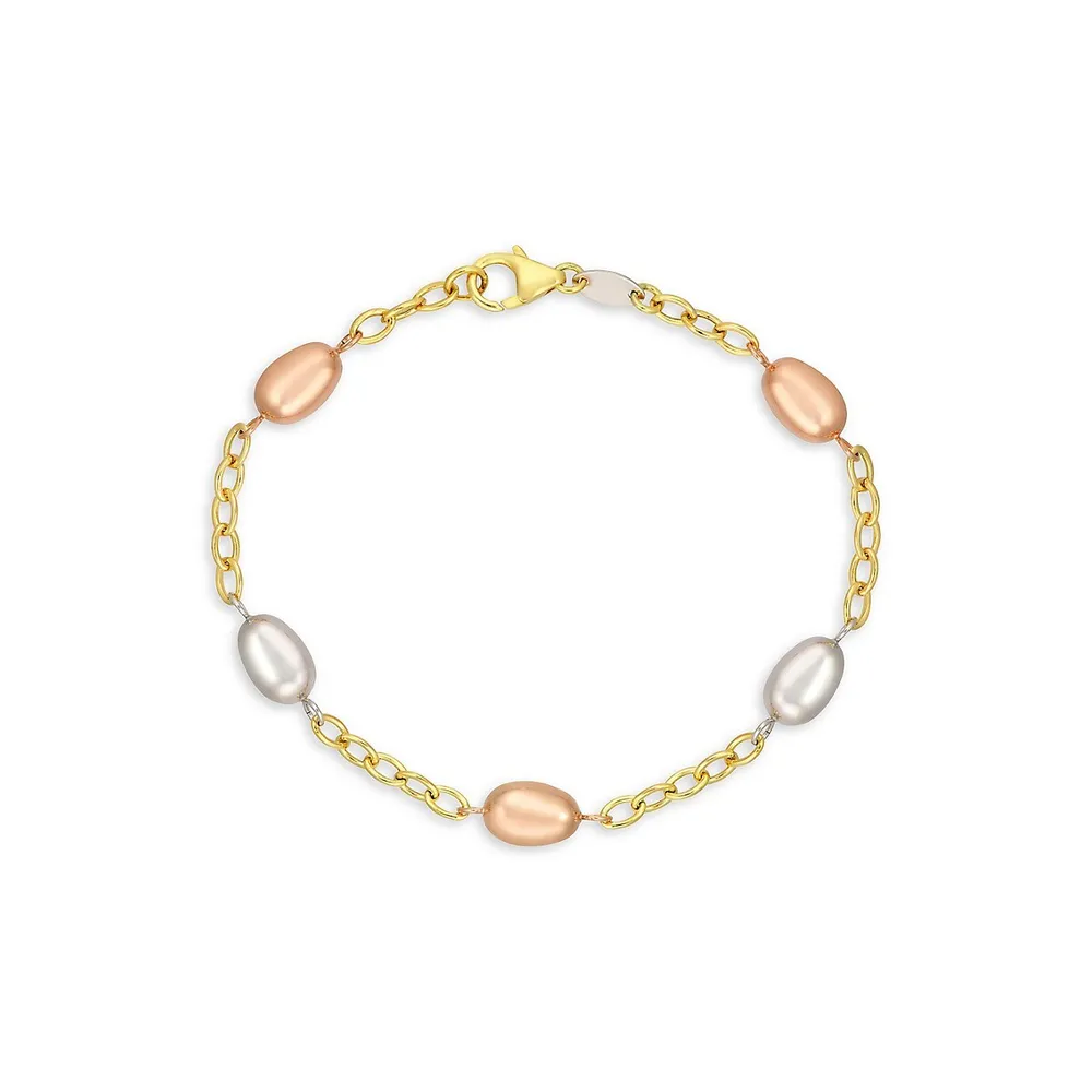 10K Tri-Tone Goldplated Oval-Station Chain Bracelet