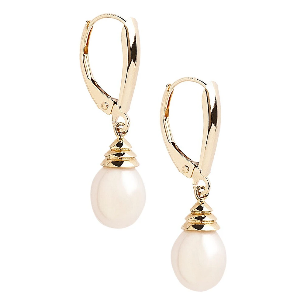 10K Yellow Gold Half Drill 9mm Pearl Leverback Earrings