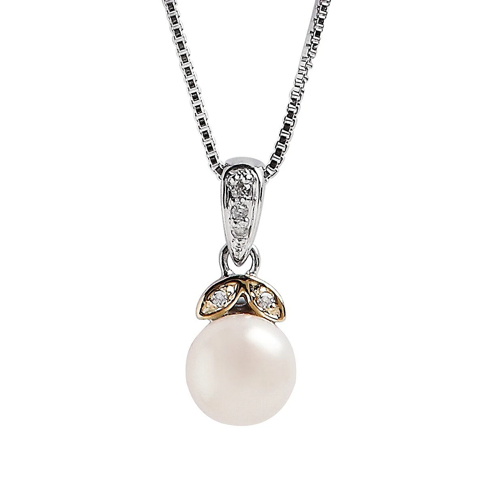 Sterling Silver 14K Yellow Gold Diamond And Pearl Pendant