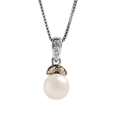 Sterling Silver 14K Yellow Gold Diamond And Pearl Pendant