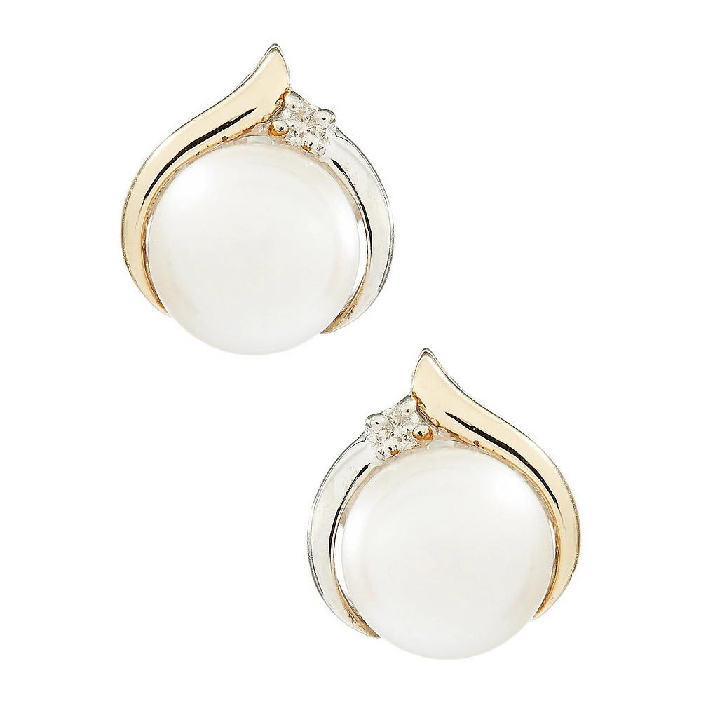 14K Yellow Gold and Sterling Silver Pearl Diamond Earrings