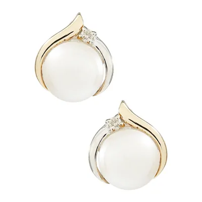 14K Yellow Gold and Sterling Silver Pearl Diamond Earrings