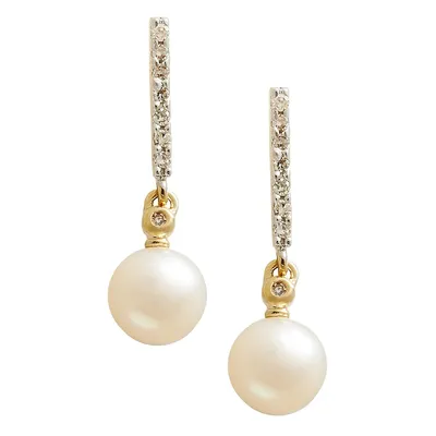 Boucles D'Oreilles À Perles Et Diamants, Or Jaune 10 Ct