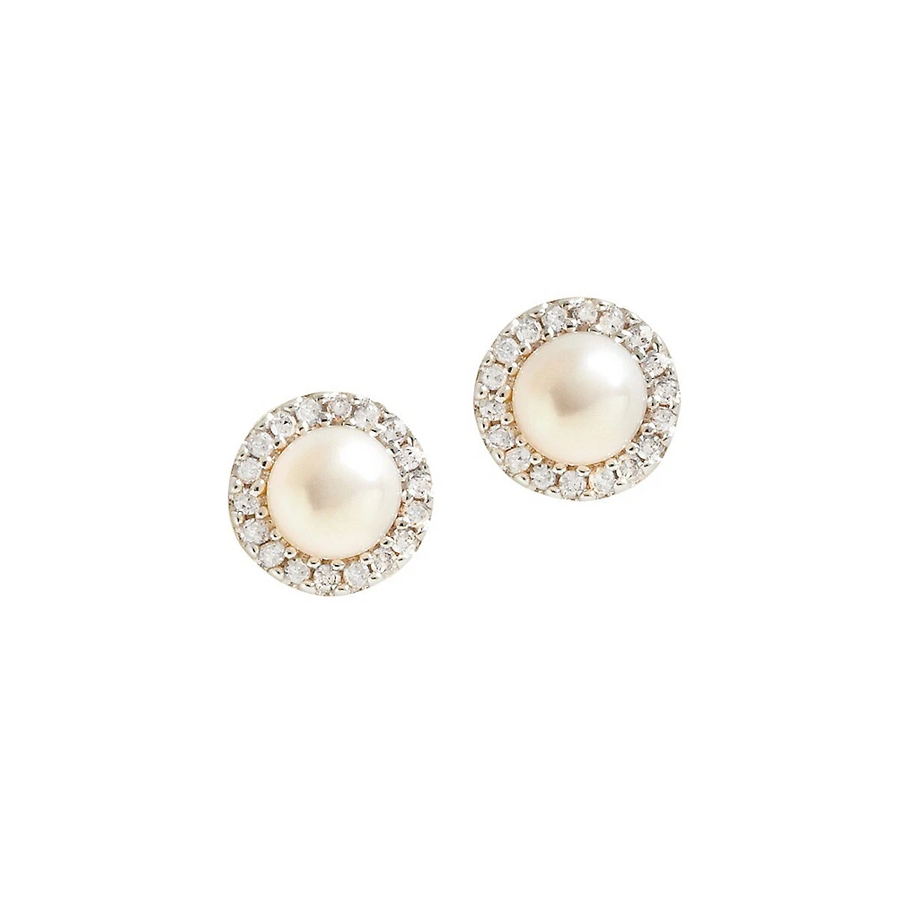 10K Yellow Gold Diamond And 4mm Pearl Earrings