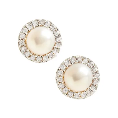 10K Yellow Gold Diamond And 4mm Pearl Earrings