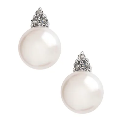 10K White Gold Diamond And Pearl Earrings