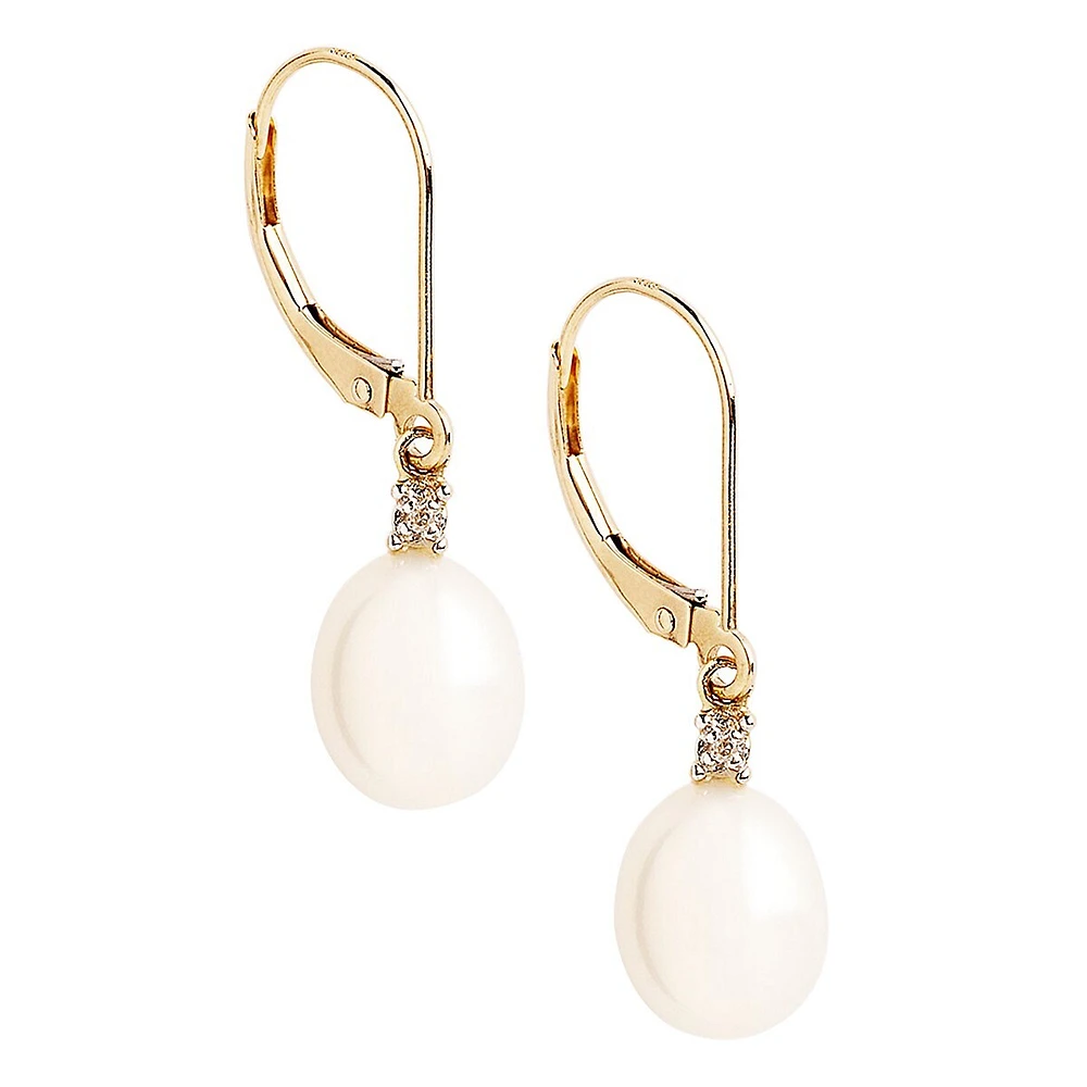 10K Yellow Gold Diamond And 10mm Pearl Drop Earrings