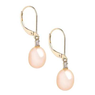 10K Yellow Gold Diamond And Half Drill 8mm Pearl Earrings