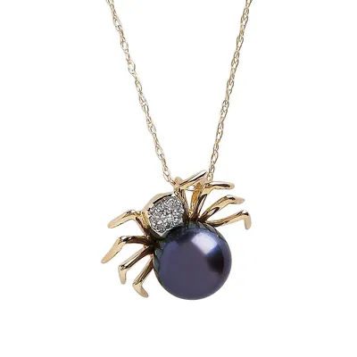 10K Yellow Gold Diamond And Black Pearl Spider Pendant