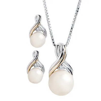 14K Yellow Gold and Sterling Silver Diamond And Pearl Earring And Pendant Set