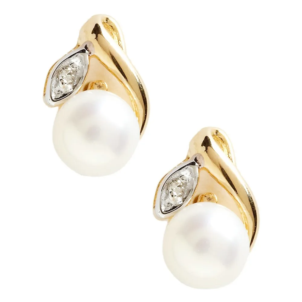 10K Yellow Gold, 0.01 CT. T.W. Diamond & Half Drill 5mm Pearl Earrings