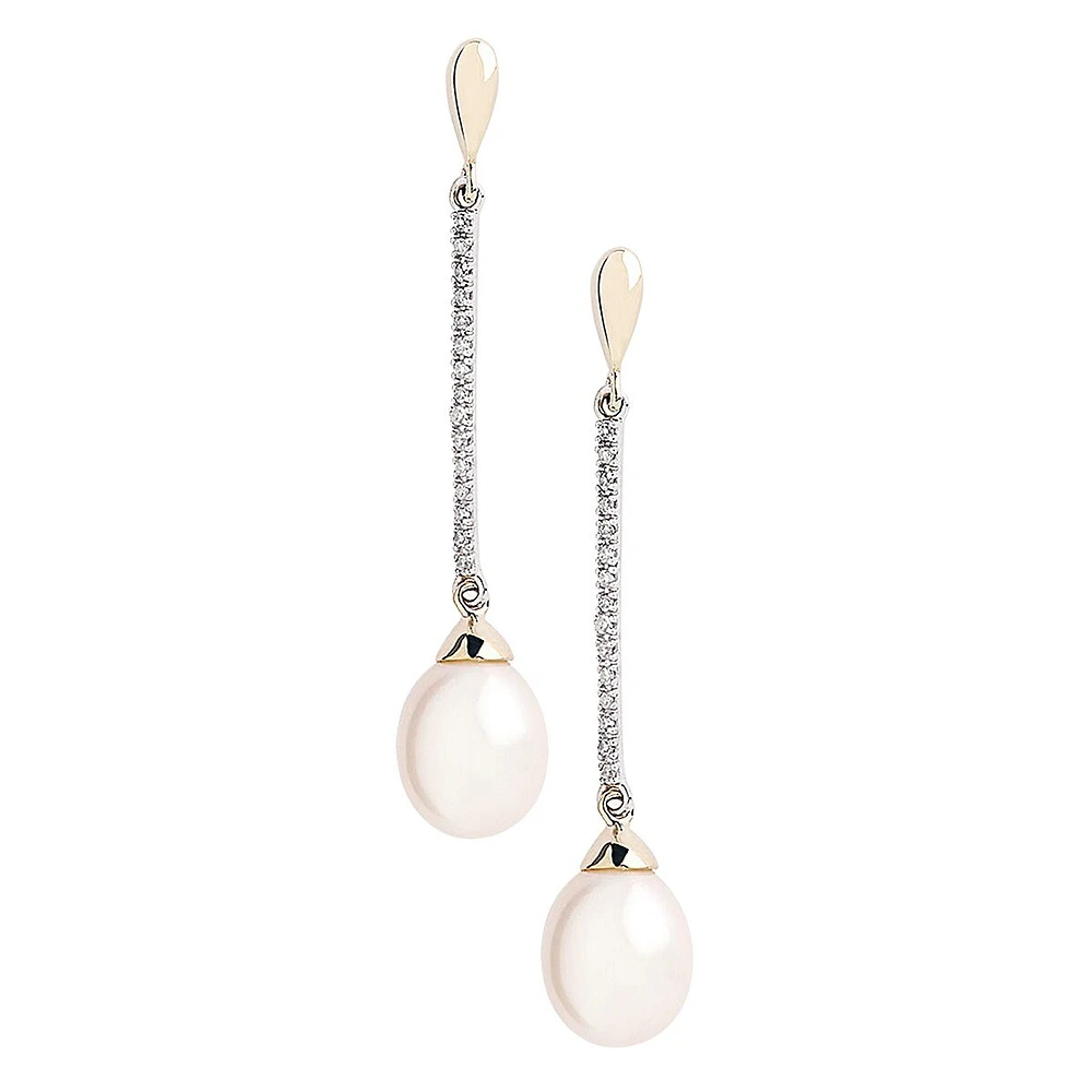 10K Yellow And White Gold Diamond And Pearl Drop Earrings