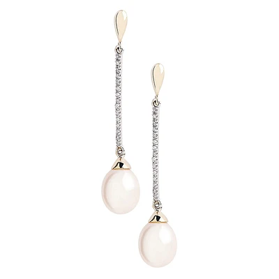 10K Yellow And White Gold Diamond And Pearl Drop Earrings