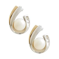 14K Yellow Gold Sterling Silver Diamond And 5mm Pearl Earrings