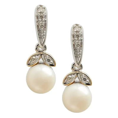 14K Yellow Gold Diamond And 6mm Pearl Earrings